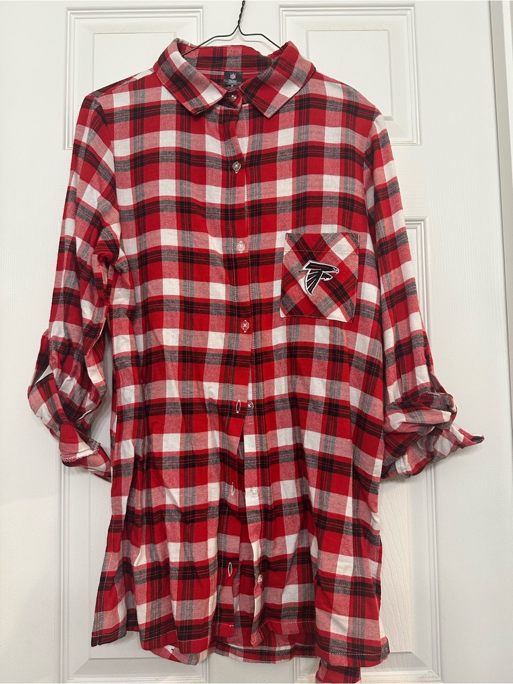 NFL Red Black White Plaid Button-Up Sleep Shirt